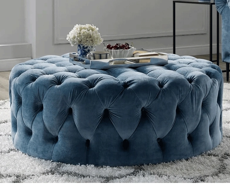 European Style Living Room Furniture Pull Button Velvet Fabric Round Ottoman